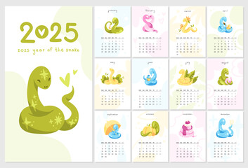 2025 calendar. 12 months with 12 cartoon snakes characters. Vector illustration