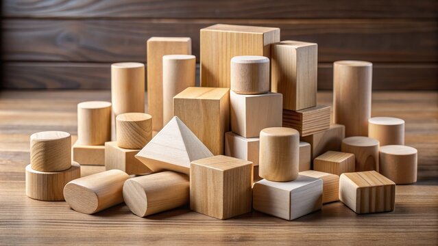 Geometric Wooden Blocks on Wooden Table, Wooden Shapes, Block, Cubes, Cylinders, Geometric Shapes