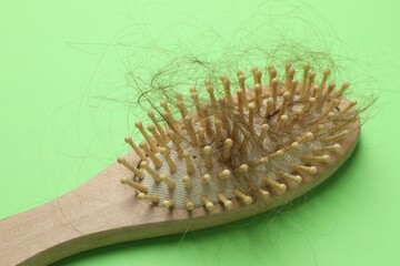 One brush with lost hair on light green background. Alopecia problem