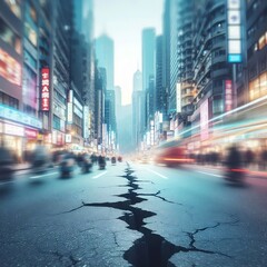 Fototapeta premium road with a long crack, depicting the effects of an earthquake. The background appears blurry, after the effects of an earthquake in the city created with generative ai.