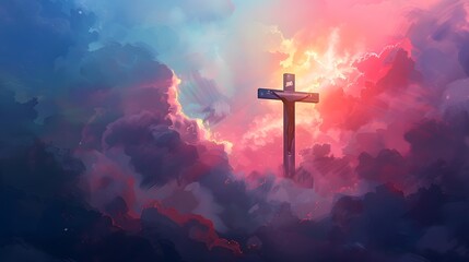 A cross of Jesus, with clouds and light behind it, in the style of a digital painting with a colorful illustration and impressionist oil color palette