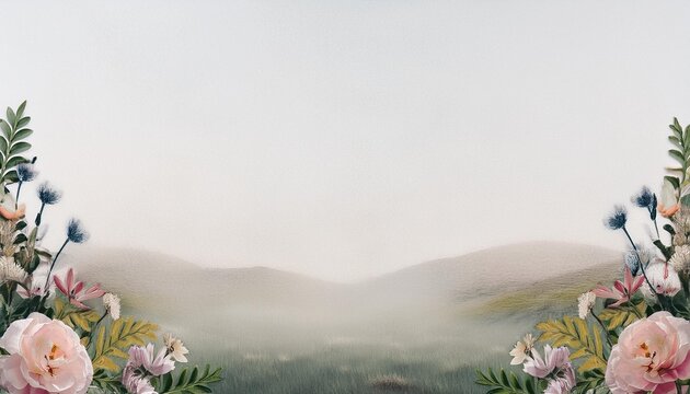A serene landscape with misty hills in the background, surrounded by lush greenery and blooming flowers in the foreground. The scene is dreamy and tranquil, evoking a sense of calm and beauty