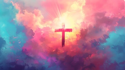 A cross of Jesus, with clouds and light behind it, in the style of a digital painting with a colorful illustration and impressionist oil color palette