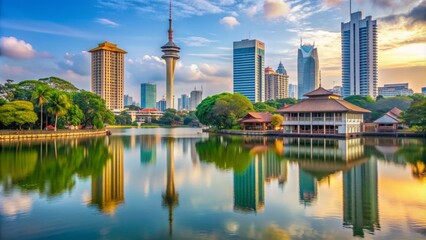 Fototapeta premium Kuala Lumpur Skyline Reflected in Lake, Buildings, Skyscrapers, Water, City, Landscape