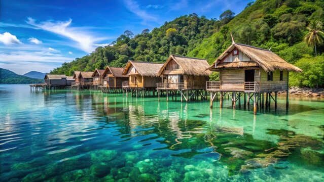 Moken village on Mu Koh Surin Islands, traditional wooden huts on stilts over crystal clear waters, Moken