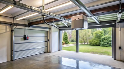 Fototapeta premium Modern Garage Interior with Open Doorway, Light Fixtures and Polished Concrete Floor, garage, interior, door, concrete