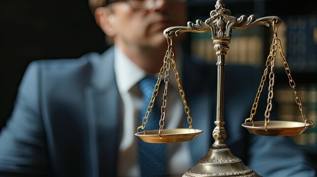 Symbol of judicial power. A man in a suit sits at the scales of justice. Making a decision within the law. Illustration for banner, poster, cover, brochure or presentation.