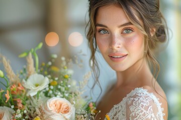 Naklejka premium portrait of a woman in white dress with flowers