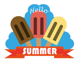 Cartel en ingles de "hello summer" con paletas de coloridos helados. © Nicolas