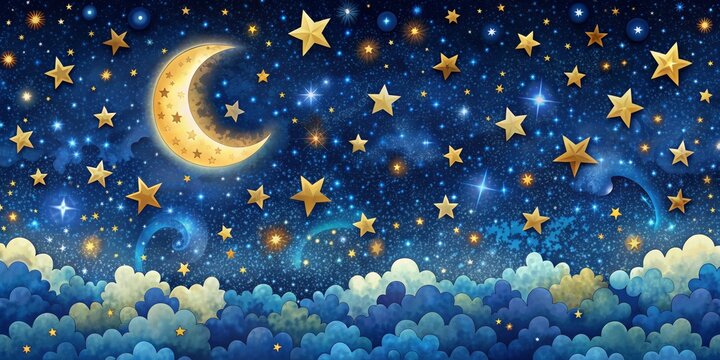 Night Sky with Crescent Moon and Stars, Digital Painting, Watercolor Clouds, Galaxy, Fantasy, Space , night sky