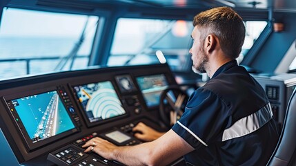 The captain of a ship or skipper of a yacht aboard a vessel. The navigator supervises the navigation watch on the bridge. Work at sea. Illustration for banner, poster, cover, brochure or presentation.