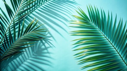 Fototapeta premium Palm Leaf Shadows on Turquoise Background, tropical, summer, greenery, nature