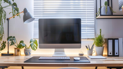 Modern home office setup with a sleek desk, computer, and stylish decor