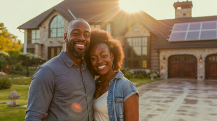 young black couple in front of their house with solar panels