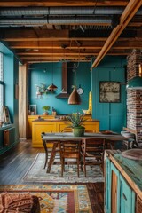 Interior of a loft-style kitchen with yellow walls and wooden floor