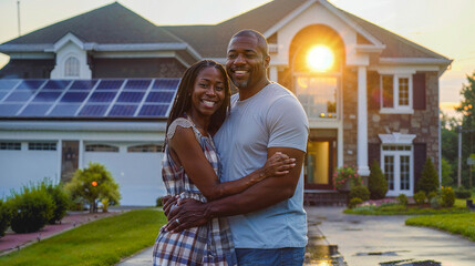 black couple in front of their house with solar panels