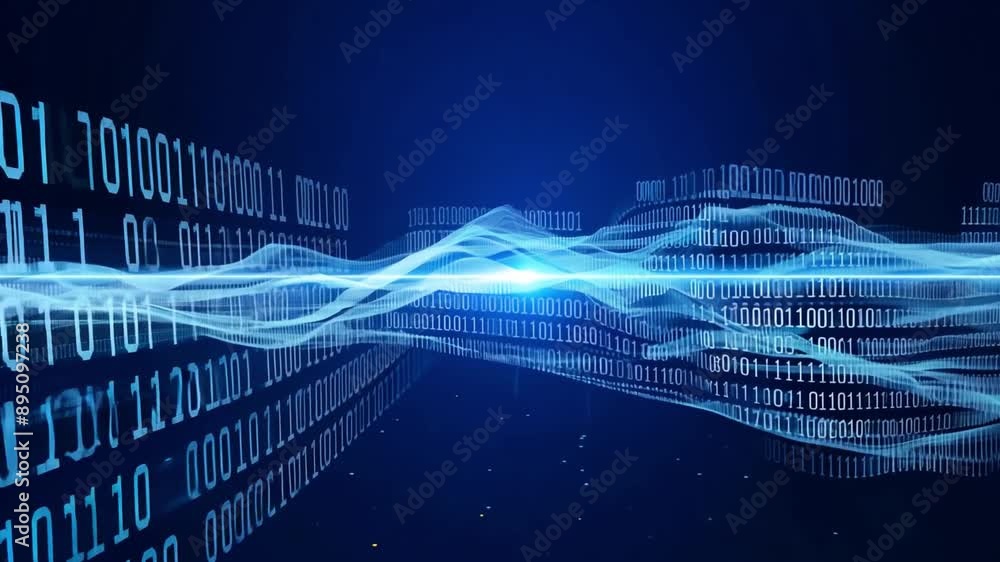 Poster A digital wave of binary code data flows across a dark blue background, creating a sense of movement and energy.