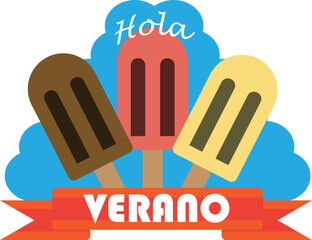 Cartel en español de "hola verano" con paletas de coloridos helados. © Nicolas