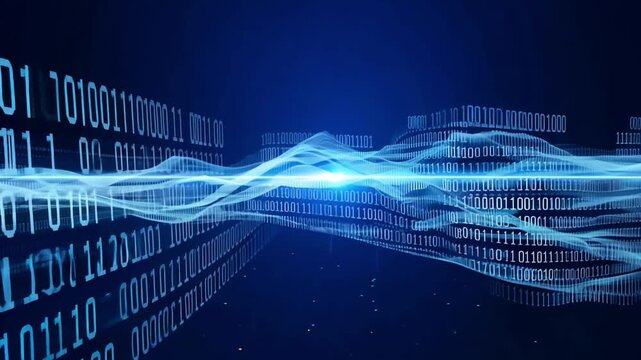 A digital wave of binary code data flows across a dark blue background, creating a sense of movement and energy.