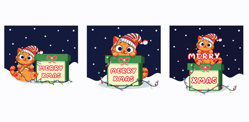 Set of greeting card for Merry Christmas and Happy New Year concept. Cute and funny ginger cat in Santa hat playing with Christmas garland and a gift box . Vector illustration in flat style