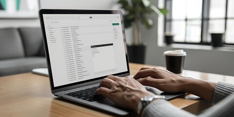 Fototapeta premium Woman Typing on Laptop in Office