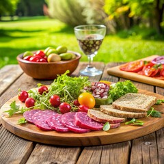 Rustic Salami and Bread Board with Tomatoes and Greens, Picnic , Food , Gourmet , Summer