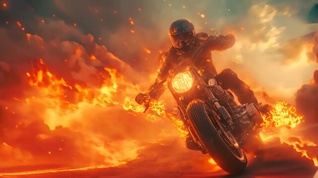 Action shot with man riding away from explosion on bike. Dynamic scene with fire in action movie blockbuster style