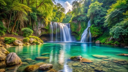 Serene Waterfall Plunge in Lush Forest, Wide Shot, Tranquil Water, Mossy Rocks, Green Landscape, Waterfall, Nature