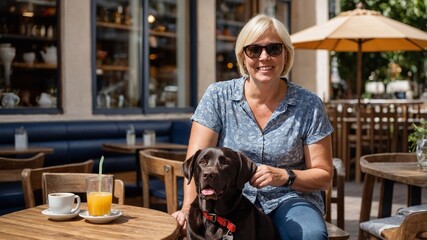 A woman and a dog are having breakfast in a cafe. Pet friendly restaurant.