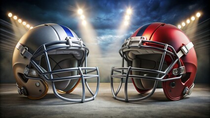 Fototapeta premium Silver and Red Football Helmets Under Stadium Lights, American Football, Sports, Game, Competition