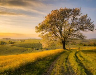 Obraz premium art Spring countryside landscape; morning farmland field and blooming tree