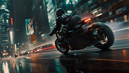 Action shot with man riding a bike in futuristic cyberpunk city. Dynamic scene with motorcycle ride in action movie blockbuster style