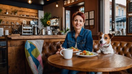 Pet friendly cafe. Woman having lunch with her dog in a restaurant
