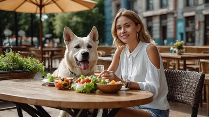 Pet friendly cafe. Woman having lunch with her dog in a restaurant