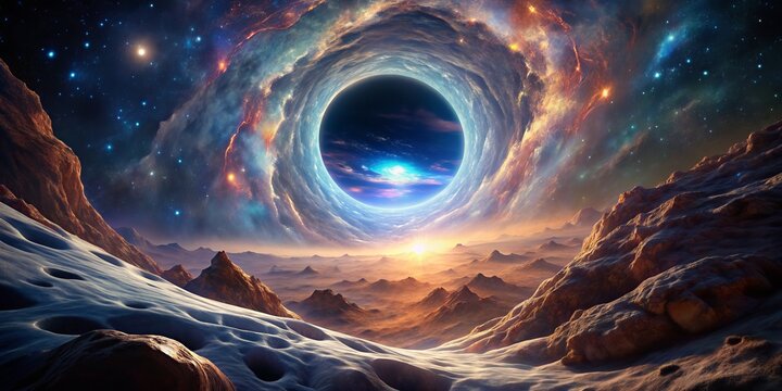 The Cosmic Rift A Digital Painting of a Black Hole in a Starry Sky, Mountains, and a Sunset , digital art , space , black hole , galaxy