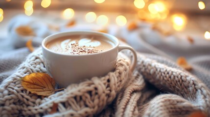 Cup of cappuccino on a cozy knitted blanket with autumn leaves