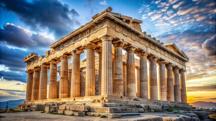 Obraz premium The Temple of Poseidon at Sunset, Golden Hour, Ancient Greek Architecture, Corinthian Columns, Dramatic Sky, Greece, History