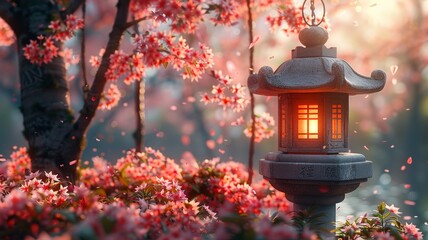 Japanese Lantern Amidst Blooming Cherry Blossoms