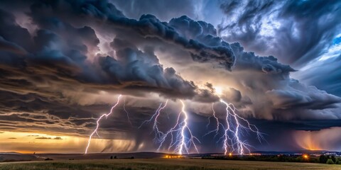 Thunderstorm's Fury A Vivid Lightning Display Over the Landscape, storm clouds, lightning strikes, dramatic landscape, weather photography, nature