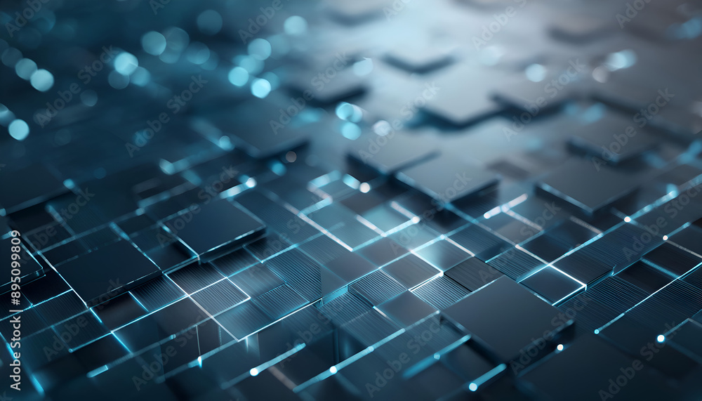 Poster abstract pattern of blue cubes and glowing lines