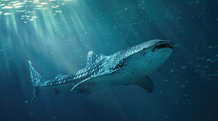Fototapeta premium Majestic whale shark swimming gracefully in the deep sea.