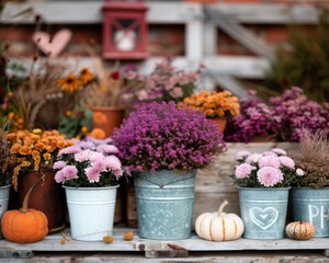 Fall Flowers in Buckets on Wooden Bench