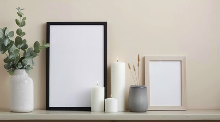 White Candles and Greenery on Shelf