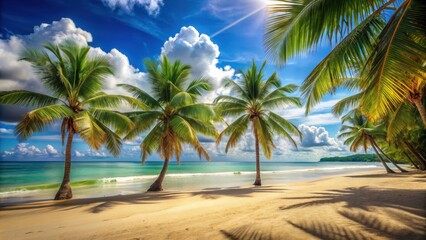 Obraz premium Tropical beach scene with palm trees swaying in the breeze, tropical, beach, palm trees, paradise, relaxation, vacation, summer