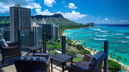 Amazing view of Honolulu, Hawaii from a rooftop bar. In the distance, you can see the Pacific Ocean, Waikiki Beach, and Diamond Head.