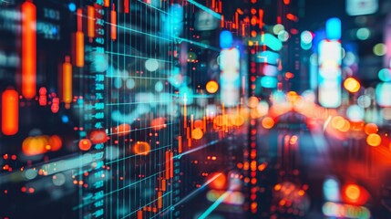 Digital chart with financial data and glowing lines on a city background