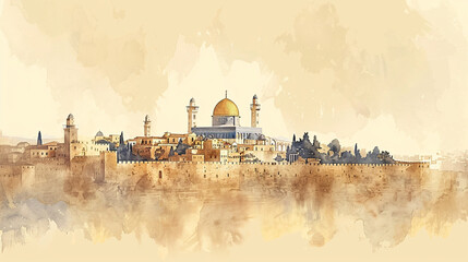 Obraz premium Illustration of Psalms 122 depicting the Lord's house in Jerusalem, with a beige background and copy space for spiritual or religious purposes.