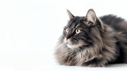 Obraz premium A beautiful and majestic long-haired gray cat is sitting on a white background.