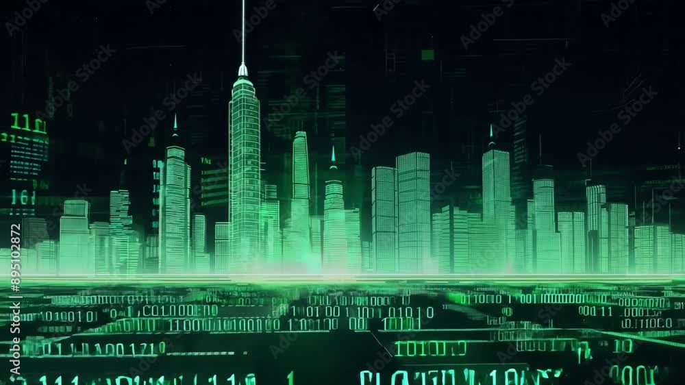 Poster A digital representation of a city skyline in green, with binary code and numbers displayed in the foreground.