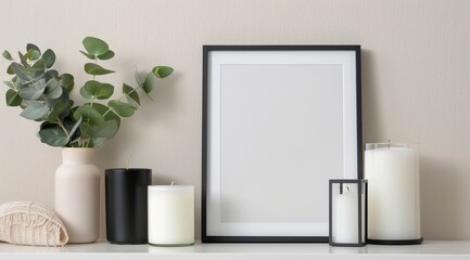 White Candles and Greenery on Shelf